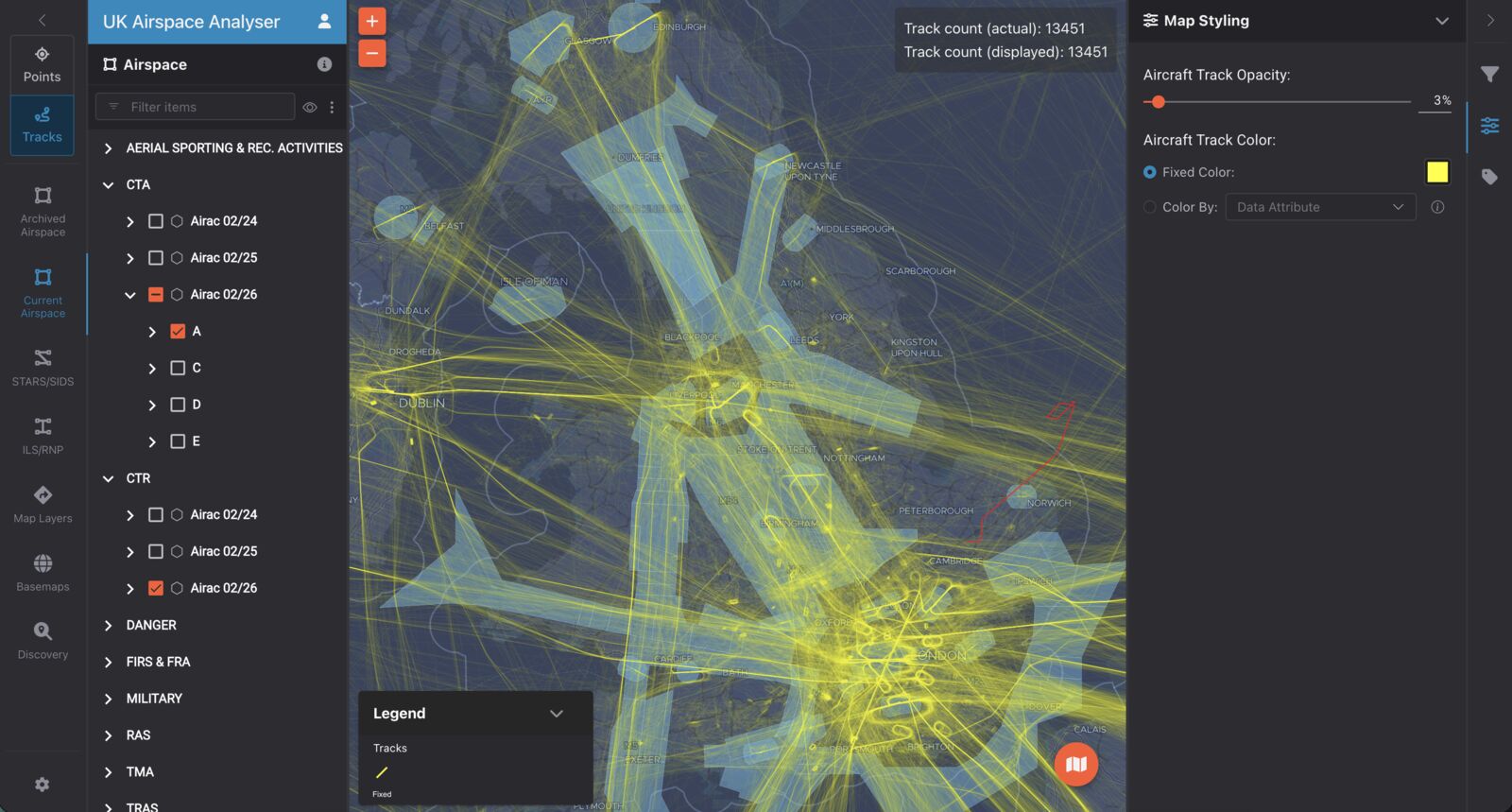 UK Airspace Analyser built on Flo.w, showing real-time aircraft tracks overlaid on UK airspace structures from Edinburgh to the English Channel